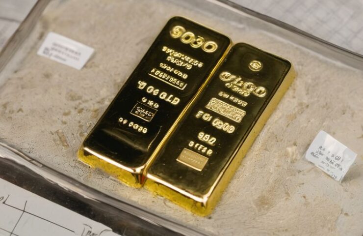 1oz gold bar on a scale with price tags