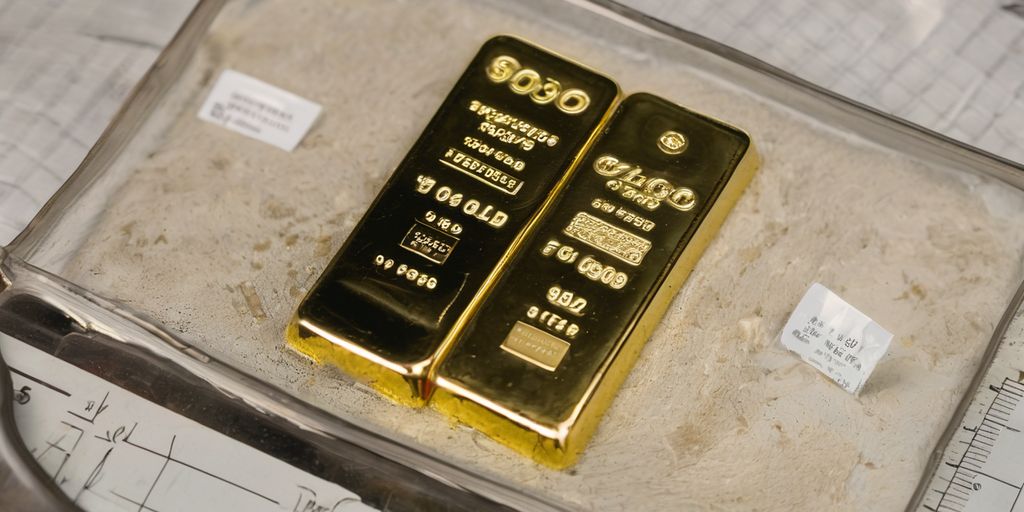 1oz gold bar on a scale with price tags