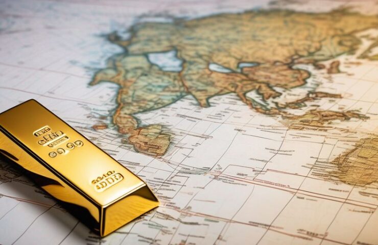gold bar on financial charts with global map background