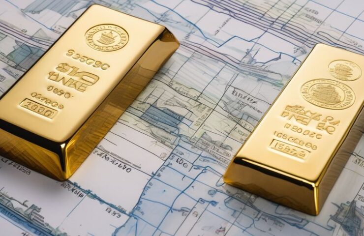 1 oz gold bar on financial charts with UK landmarks