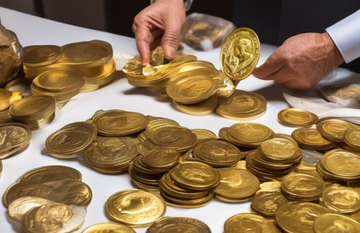 gold coins and bars with collectors examining them