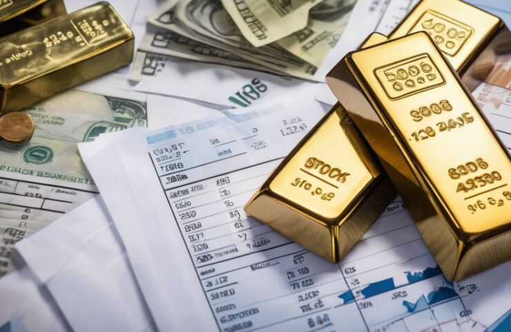 Umicore gold bars on a scale with financial documents and stock market charts in the background