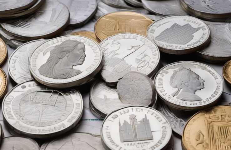 silver coins and bars with financial charts